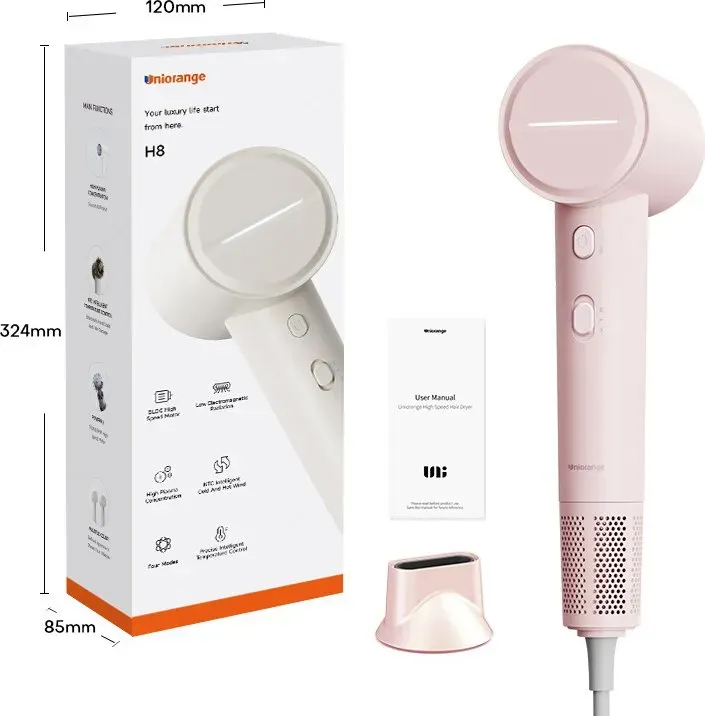 Uniorange H8 Plasma Highspeed-Haartrockner (Blassrosa), 4 Modi, 1600W Leistung und 1 Milliarde Plasma-Ionen, 110.000 U/min Highspeed-Motor, trocknet 5-mal schneller