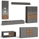 Feldmann-Wohnen Wohnwand, Grau, Braun, Holzwerkstoff, 13 Fächer, 5 Schubladen, Rechteckig, 450x144x60 cm, Wohnzimmer, Wohnwände, Anbauwände