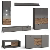 Feldmann-Wohnen Wohnwand, Grau, Braun, Holzwerkstoff, 13 Fächer, 5 Schubladen, Rechteckig, 450x144x60 cm, Wohnzimmer, Wohnwände, Anbauwände