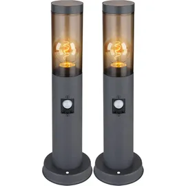 GLOBO Außenbeleuchtung Standleuchte Sockelleuchte rauch anthrazit Außen mit Bewegungsmelder Garten Stehlampe, Metall Kunststoff, 1x E27, DxH 7,6x45 cm, 2er Set