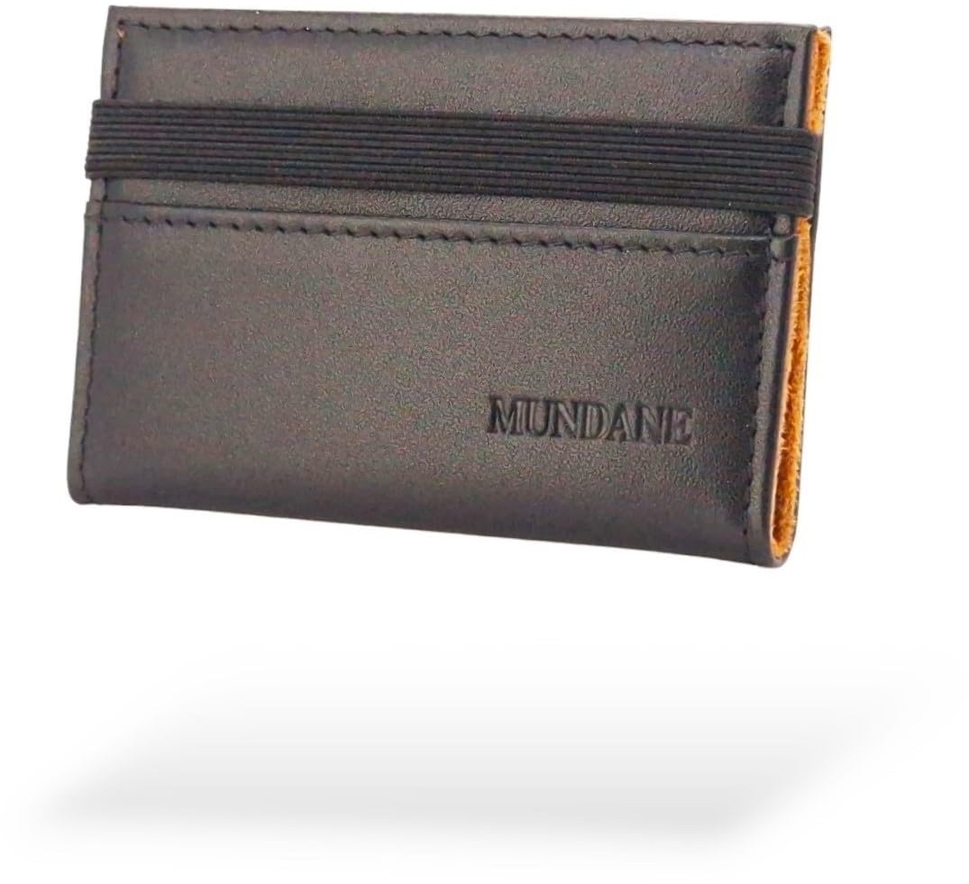 MUNDANE Genuine Leather Mini Wallet, Premium Modern Slim Card Holder with Pull Tab, Storage Capacity for up to 10 Cards, Compartment for banknotes, Minimalist with RFID Protection and Gift Box, Black