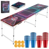 Tectake Bierpongtisch, aus Aluminium, mit LED-Beleuchtung, bodenschonende Kunststofffüße, inklusive 100 Bechern, 6 Bällen und Kartentrinkspiel