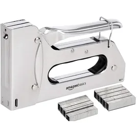 Amazon Basics Strapazierfähiger Handtacker, Tackerpistole mit 1000 Heftklammern, für Polstermöbel, Hausreparaturen, Tischlerarbeiten und andere professionelle Projekte, Silberfarben