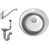 Faizee Möbel Edelstahlspüle Edelstahlspüle Ø 51 cm +Armatur wählbar Küchenspüle inkl. Siphon Set, Rund mit Armatur klein Chrom, 51/49 cm silberfarben Rund mit Armatur klein Chrom | 51 cm x 12 cm x 49 cm