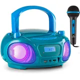 Auna Tragbarer Radio für Kinder mit CD Player, Mikrofon und USB, 3 W Boombox mit Bluetooth Funktion, AUX/FM Radio Tragbar mit LED-Display, MP3, 5.0 Streaming, CD-Radio mit für Mädchen und Jungen