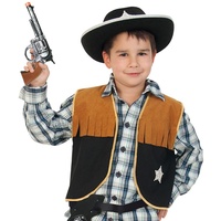 KarnevalsTeufel Kinderkostüm-Set Sheriff, 3-tlg. Weste, Cowboyhut und Spielzeug-Revolver | Größen 104-164 | Cowboy, Wilder Westen, Karneval (140)