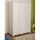 Kleiderschrank | 3 Drehtüren | 4 Schubladen | 3 Fächer | mit Kleiderstange | 135 cm breit | Massivholz | Farbe: Weiß - Weiß