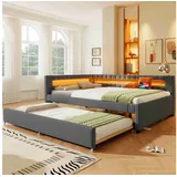 BlingBin Daybett Schlafsofa Modernes Tagesbett mit ausziehbarem Gästebett (1 tlg), LED-Fernbedienungslichtleiste, Leinen+MDF, Grau, ohne Matratze grau 151 cm x 213 cm x 81 cm