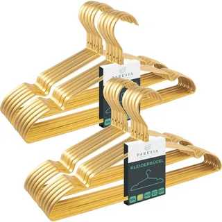 PARUSIA Kleiderbügel Gold, 42cm breit, 1cm stark, Kleiderbügel Metall rostfrei, formstabil, zur platzsparenden Kleideraufbewahrung & Organisation von Kleiderschrank, Kleiderständer (20)