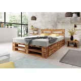 Lermowood Palettenbett M2 aus Holz 200 x 200 cm Geflammt mit Kopfteil und 2 Bettkästen Holzbett 30cm Stabiles Seniorenbett Kinderbett Jugendbett Gästebett erhöhtes Bettgestell Komforthöhe Naturholz