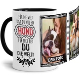 Tassendruck Fototasse mit Spruch - Mein Hund, Meine Welt - personalisiert mit 2 WUNSCHFOTOS - Geschenk für Hundebesitzer, Herrchen oder Frauchen - Innen & Henkel Schwarz