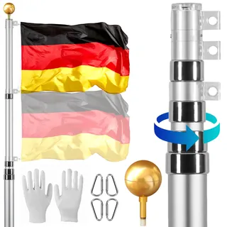 Vevor 25ft Teleskop-Fahnenmast-Set, robustes Fahnenmast-Set aus Aluminiumlegierung im Boden für draußen, 3 Anzeigemodi Fahnenmast mit professionellem Zubehör, deutsche Flagge, Silber