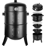 Räucherofen, 3 in 1 Smoker Grill Holzkohlegrill, Räuchertonne Räuchergrill Watersmoker, Räuchern Räucherofen mit Deckel & Thermometer, 2 Grillrost Edelstahl, 2 Wasserschale Emaille, Holzkohle Grill