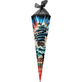 Goldbuch 98 159 Schultüte 85 cm Piratensturm, Zuckertüte 6-eckig, Geschenktüte mit Piraten-Motiv, Geschenkverpackung aus Lackkarton, Einschulungstüte mit schwarzem Netzverschluss, ca. 85 x 24 x 20 cm