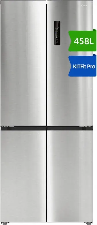 CHiQ JR460WSE No-Frost Kühl-Gefrierkombination, 458L (300L Kühl- und 158L Gefrierbereich), Kreuztür, KITFit Pro True Flush Einbau (4mm Seitenabstand), Inverter Kompressor (37dB), Care+ Fach, Bodenbelüftung, Edelstahl [Energieklasse E]