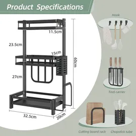 netel Gewürzregal 3 Etagen Organizer Arbeitsplatte Utensilienhalter Schwarz