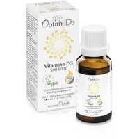 Vitamin D3 Tropfen Nahrungsergänzungsmittel Kinder - Baby - Erwachsene - Schwangere | 500 IE pro Tropfen - Flasche 20ML | Pflanzliches Vitamin D Flechte - Kokosöl | Optim D3