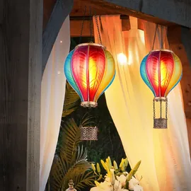GLOBO Solarlampe Hängeleuchte Außenlampe Heißluftballon bunt Feuereffekt Gartendeko Balkonlampe, 20x 0,5W 1600K warmweiß, DxH 14 x 46,5 cm