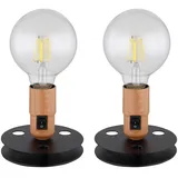 GLOBO Tischlampe Vintage Nachttischlampe Industrial schwarz Tischlampenfuss ohne Schirm, Holzoptik Metall, 1x E27, DxH 12x9 cm, 2er Set