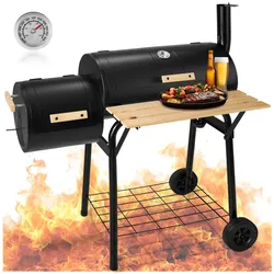 tectake® Holzkohlegrill, 3 in 1, zum Grillen, Räuchern, Garen, mit 2 Rädern, mit Thermometer, 115 x 67 x 115 cm