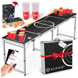 Kesser KESSER® Bier Pong Tisch Set mit Kartenspiel Trinkspiel inkl. 100 Becher (50 Rot & 50 Blau), 6 Bälle + Regelwerk Partyspiele Table Höhenverstellbar Klappbarer ohne oder mit LED