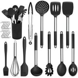 Herogo Silikon Küchenhelfer Set, 22-teiliges Schwarz Kochutensilien Kochbesteck Set with Utensilienhalter, Hitzebeständiger Küchenutensilien mit Edelstahlgriff, Antihaft & Gesund