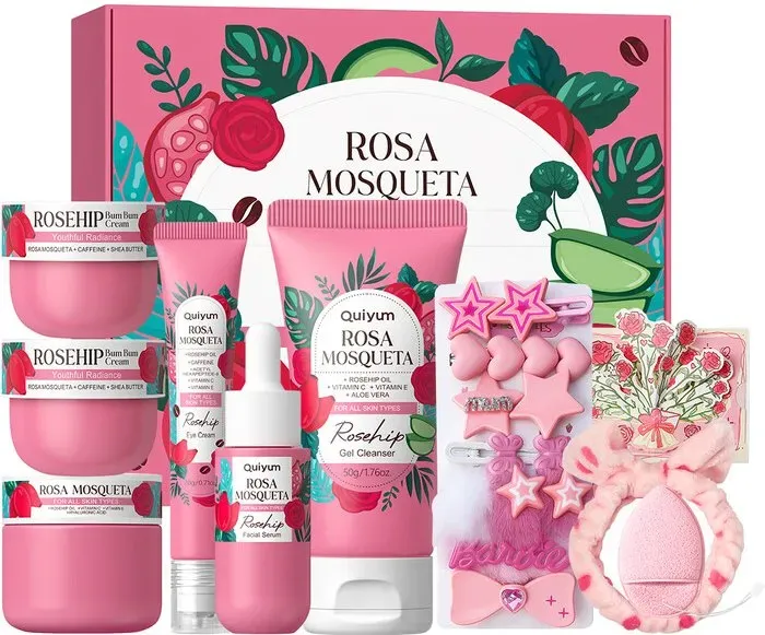 QUIYUM Hagebutte Hautpflege-Set (9-teilig) – Gesichtsreiniger 50 g, Serum 30 ml, Augencreme 20 g, Gesichtscreme 50 g, Wundschutzcreme 30 g, mit Haarspangen, Haarband und Gesichtsschwamm