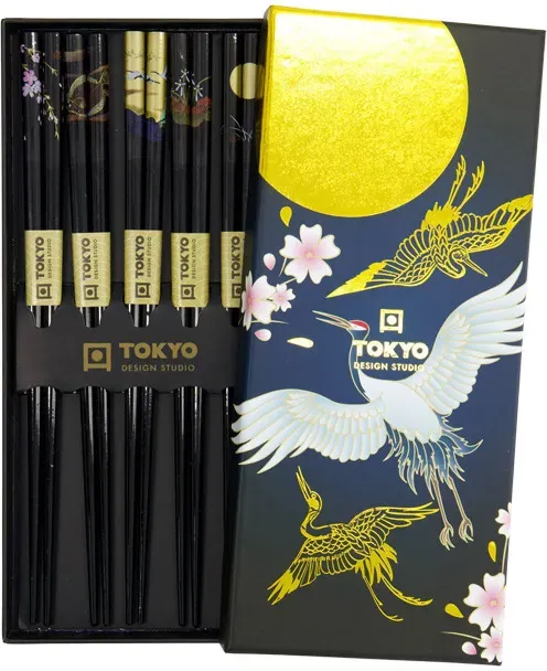 Tokyo Design Essstäbchen CRANE – 5 er Set – schwarz, gold