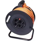 PremiumCord Kabeltrommel 50m mit 4 Steckdosen, Qualitäts Verlängerungskabel 230V auf der Trommel, mit Thermoschutz und Kabelhalterung