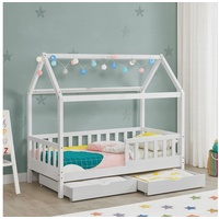 Juskys Kinderbett Marli 90 x 200 cm mit Matratze, Bettkasten, Gitter, Lattenrost & Dach - Bett Weiß