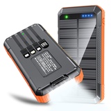 Solar Powerbank mit Kabel, 33800mAh Externer Akku 22.5W PD3.0 USB-C Schnellladegerät mit Taschenlampe (SOS), 6 Ausgänge und 4 Eingänge,für iPhone 12 13 14 15 Samsung iPad Camping Outdoor etc (Orange)