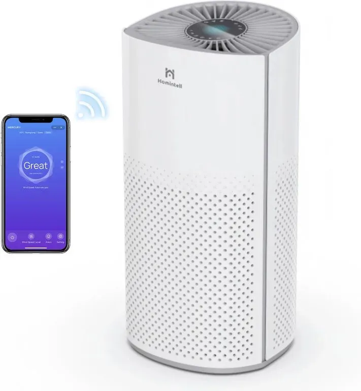 Homintell Intelligenter Luftreiniger, 200 m3/h (CADR), WLAN-Steuerung, H13-HEPA-Filter & Aktivkohlefilter, UV-Sterilisation & Ionisator, 30 dB leise, ideal für 25 m2 Räume
