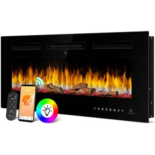 Kesser KESSER® Elektrokamin Wandkamin Elektrischer Kamin mit Heizung 9 Farbmodi LED flammeneffekt, 900/1800 W Kaminofen Wand und einbaukamin Wandmontage Heizung App-Funktion Fernbedienung Touchscreen