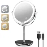 Auxmir Wiederaufladbar Kosmetikspiegel mit LED Beleuchtung und 1X/10X Vergrößerung, 8" Schminkspiegel mit Licht, 3 Lichtfarben Dimmbar und 360° Schwenkbar, Doppelseitiger Spiegel für Zuhause