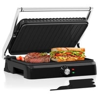 HOMELUX Kontaktgrill Sandwichmaker, Panini Grill Multifunktion mit Auffangschale Antihaftbeschichtung Platten 34x23cm, Schwarz - Schwarz