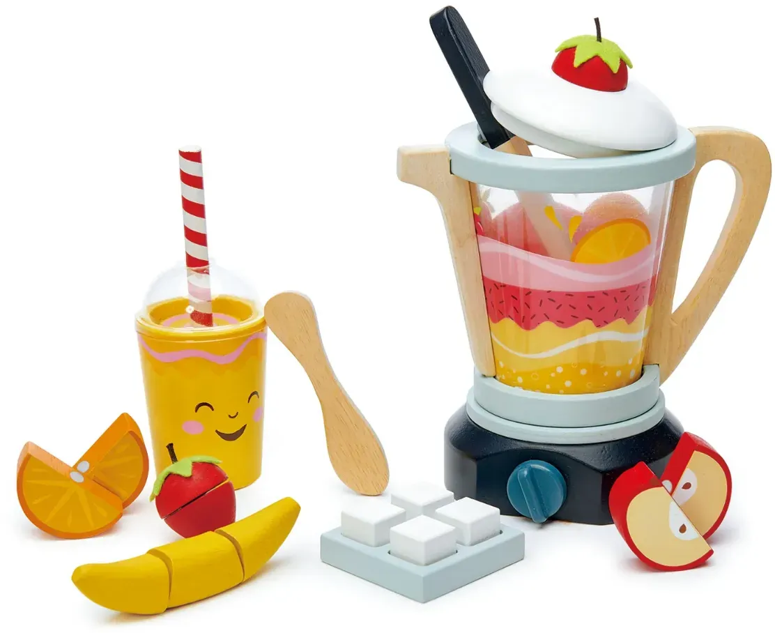 Kinder Holz Blender-Spielset 22-teilig, bunt, mit Früchten und Becher - Tender Leaf - Rollenspiel, sprachfördernd, fantasieanregend