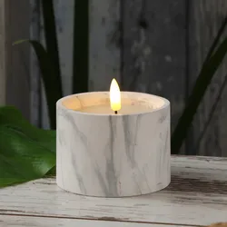 LED Kerze in Marmoroptik - Zement/Wachs - natürliche 3D Flamme - Timer - H: 8,5cm - D: 9cm - grau