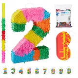 Relaxdays 4 TLG. Pinata Set Geburtstag Zahl 2, XXL Konfetti Sack, Pinatastab mit Augenmaske, Geburtstagspinata, Stock & Maske, bunt