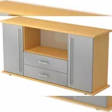 bümö Sideboard Buche/Silber mit Flügeltüren & Regal  - Büromöbel Sideboard mit Schubladen Holz 166cm breit, 45cm schmal, Büro Schrank für Flur oder