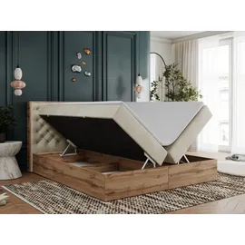 MKS Meble Boxspringbett, Deko, Doppelbett, Polsterbett mit Bettkästen und Multipocket-Matratze, Eiche Wotan holzrahmen - Albero-3 - 120x200cm - Beige Velvet... - Beige