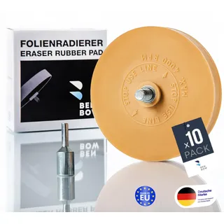 BenBow 10x Folienradierer 90mm inkl. 2x Adapter Vanille Aroma - handelsübliche Bohrmaschinen, Akku-Schrauber, Geradschleifer geeignet - Zierfolien, Zierstreifen Aufkleber und Kleberückstände entfernen