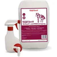 Supravit Schweif und Mähnenspray für Pferde | 5 Liter Kanister | seidiger Glanz | mehr Volumen | leichte Kämmbarkeit | Mähnen und Schweifspray Inkl. Sprühflasche und Ablaufhahn