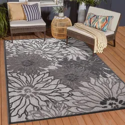 Teppich SANAT "Floral 2 Outdoor", grau, B:80cm H:6mm L:150cm, Kunstfaser, Teppiche, In- und Outdoor geeignet, Blumen, Balkon, Terrasse, Außenbereich