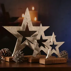 Dekosterne Aluminium stehend Mangoholzsockel Weihnachtssterne 3er Set