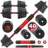 C.P.Sports 2in1 Kurzhantel & Langhantel Set 30kg / 40kg | Hantelscheiben – Gewichte – Hantelstangen | verstellbare Hanteln – Hantelset für Krafttraining, Fitness, Home Gym (rot-schwarz )