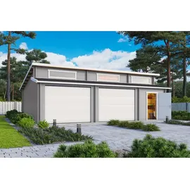 Lasita Maja Hawaii Set mit Sektionaltor Garage 44 mm 2-Raum, 780 x 579,6 cm (Außenmaß), Holz - grau