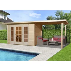 Weka Gartenhaus 172  mit Anbau (295 cm) - 21 mm-mit 295 cm Anbau Gr. 1 (530 x 239 cm) - 50 % Rabatt auf Dacheindeckung