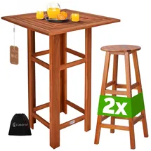 flivastore Casaria® Bartisch mit Hocker Set Outdoor Indoor Holz Akazie 110x75x75cm Wetterfest Rustikal Massiv Garten Balkon Terrasse Möbel Stehtisch 2x Barhocker