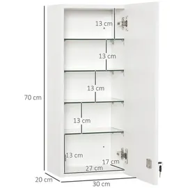 kleankin Medizinschrank, weiß, Glas, 20x70x30 cm, Badezimmer, Badezimmerschränke, Medizinschränke