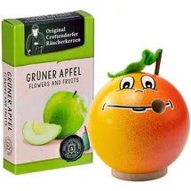 Seiffener Volkskunst | Räucherfigur aus dem Erzgebirge | Freche Früchtchen 7 cm inkl. Crottendorfer Räucherkerzen | Räuchermännchen Deko Figur | Original Erzgebirgische Volkskunst (Apfel)